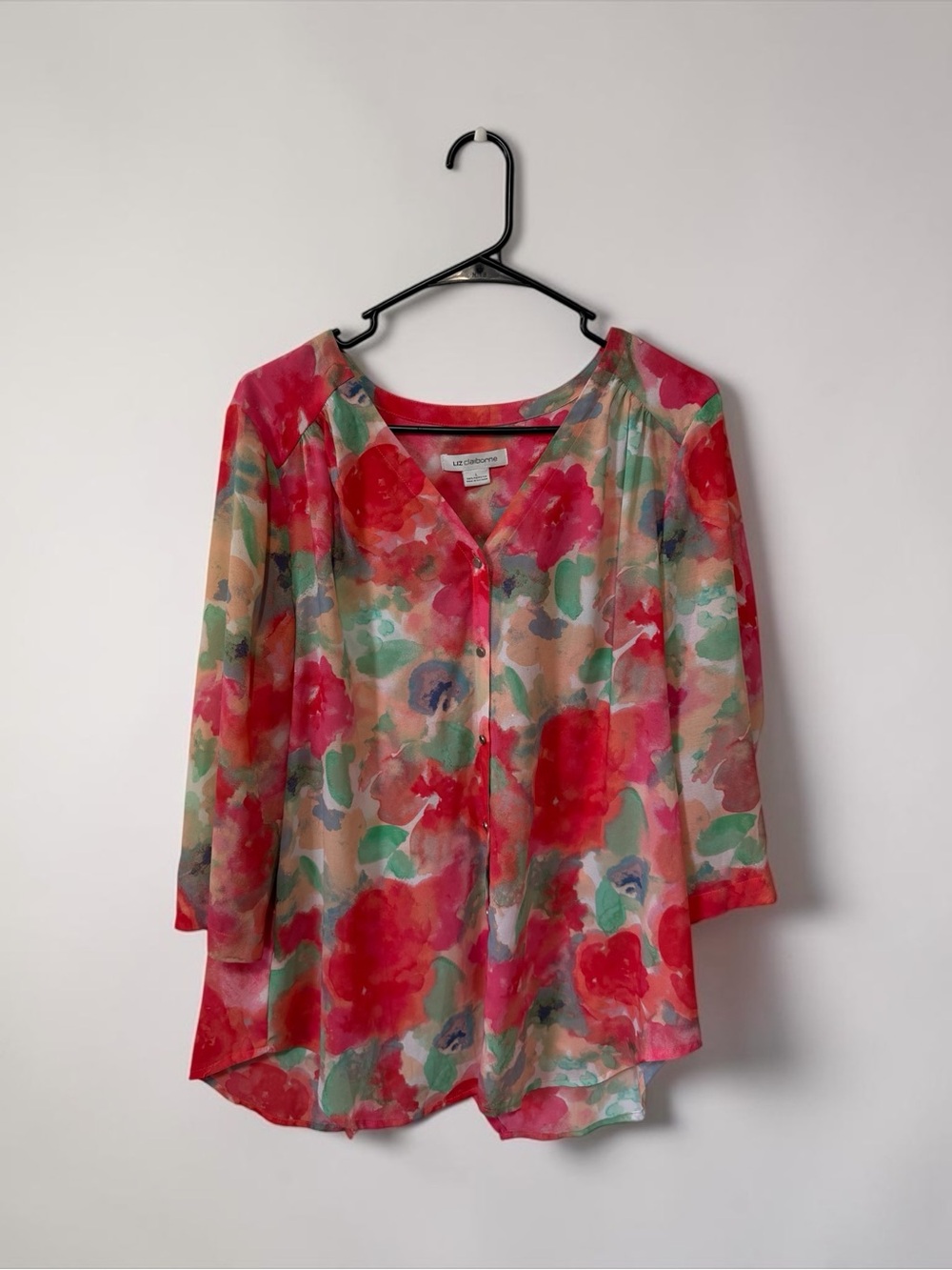 Liz Claiborne Business Casual Office Red Pink Floral Button-Front Blouse Size L